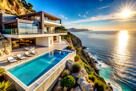 Luxury house with swimming pool at sunset. View from the terrace. Created with AI Generativeの写真素材