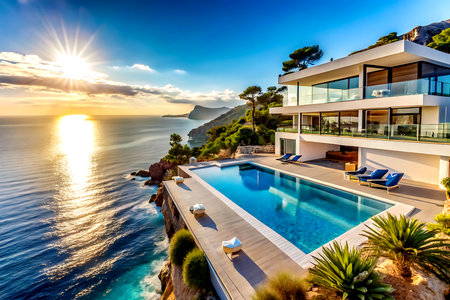 Luxury villa with swimming pool at sunset in Montenegro. Created with Generative AIの写真素材