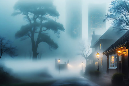Morning fog in the city. Trees, street lanterns and buildings.の写真素材