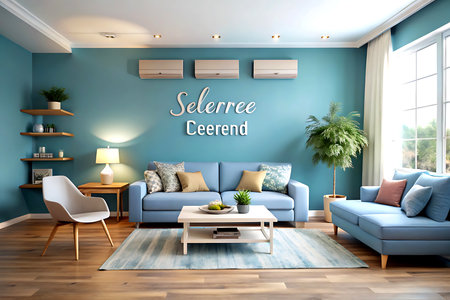 Modern living room interior design with blue sofa 3d Illustration. Created with Generative AIの写真素材