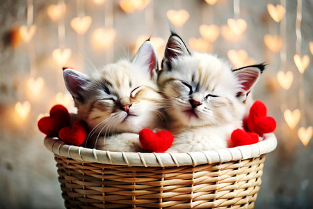 Cute kittens in basket with hearts on light background, closeup.の写真素材