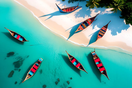 Aerial view of boats on the sandy beach in Koh Lipe, Thailand.の写真素材