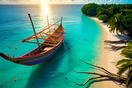 Traditional Thai longtail boat on a tropical beach at sunset time.の写真素材