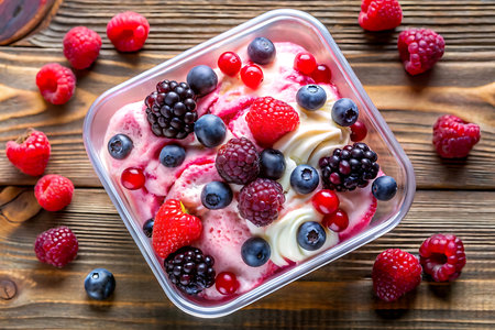 Ice cream with fresh berries in a plastic container on a wooden background. Created with AI Generativeの写真素材
