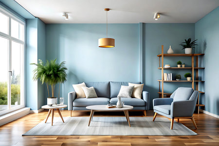 Interior of modern living room with blue walls, wooden floor, comfortable blue sofa and coffee table. 3d rendering. Created with AI Generativeの写真素材