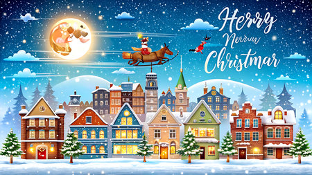 Merry Christmas and Happy New Year greeting card with winter town landscape.の写真素材