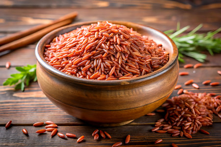Red rice in bowl and on a table, red rice in bowl. Created with Generative AIの写真素材