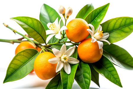 Fresh tangerines with leaves and flowers on a white background. Created with Generative AIの写真素材