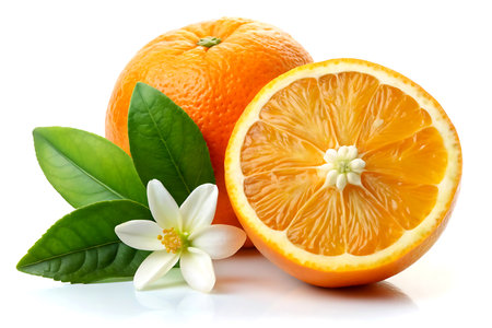 Orange fruit with leaves and flowers isolated on white background. Clipping path. Created with AI Generativeの写真素材