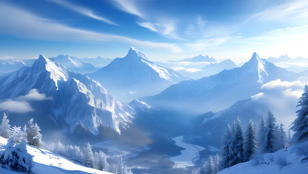 Beautiful winter alpine landscape with snow covered mountains and blue sky.の写真素材