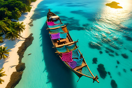 Aerial view of traditional wooden long tail boats on tropical island with palm trees and turquoise ocean.の写真素材