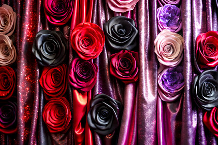 Red and black roses on a satin background, close-up. Created with AI Generativeの写真素材