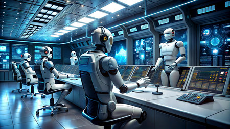 Group of robots working in a control room. 3D rendering.の写真素材