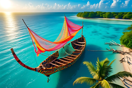 Fishing boat on tropical beach at sunset. 3D Rendering.の写真素材