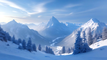 Beautiful winter mountains panorama with snow covered peaks and coniferous forest.の写真素材