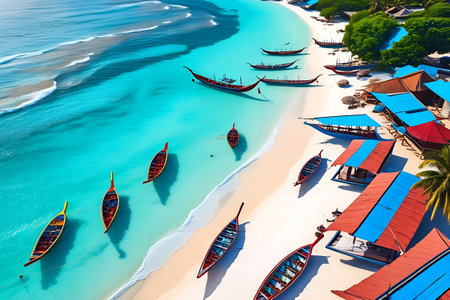 Aerial view of beautiful tropical beach with wooden boats and blue sky.の写真素材