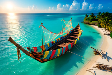 Fishing boat on the tropical beach at sunset. Aerial view.の写真素材