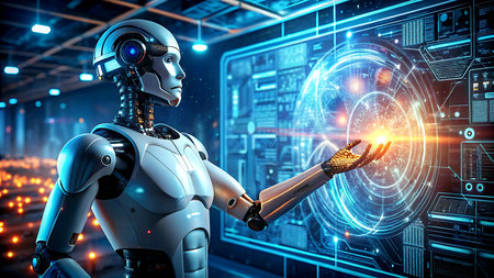 Robot humanoid touching hologram screen on dark background. 3D renderingの写真素材
