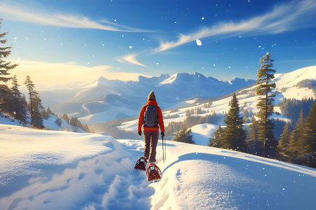 Winter hiking in the mountains on snowshoes with a backpack and tent.の写真素材