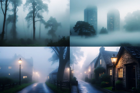 Beautiful photo collage of foggy street in the old townの写真素材