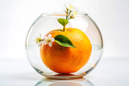 Orange in a glass vase with flowers on a white background. Generative AIの写真素材