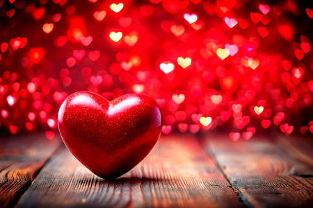 Red heart on wooden background with bokeh. Valentines day background. Created with Generative AIの写真素材