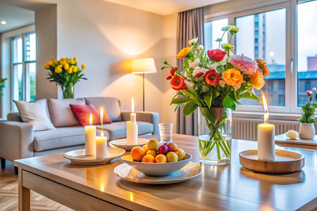 Luxury living room decorated with flowers, candles and fruits. Created with Generative AIの写真素材