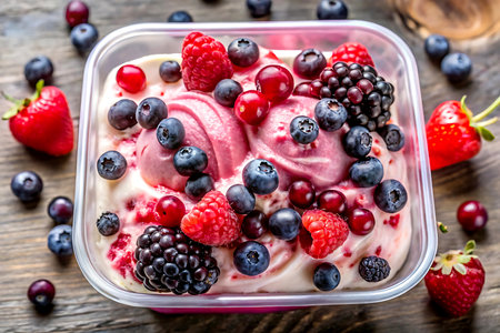Ice cream with fresh berries in a bowl on a wooden background. Created with Generative AIの写真素材