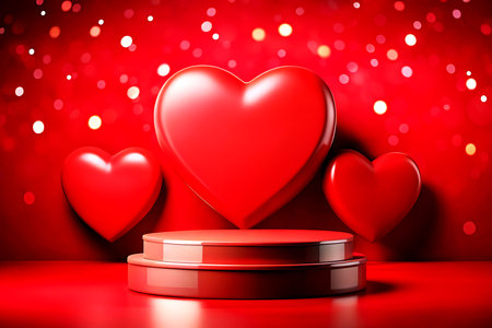 Red heart and podium on red background. Valentine's day concept. 3D Rendering. Created with Generative AIの写真素材