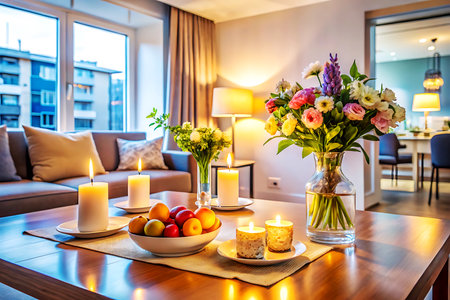 Luxury living room interior with candles and flowers in vase. Generative AIの写真素材