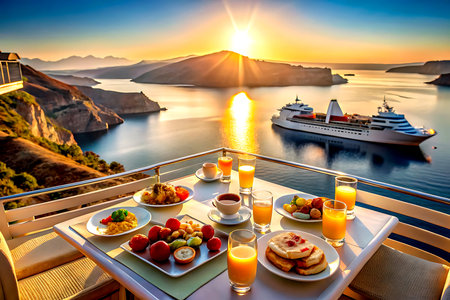 Breakfast on the terrace of luxury hotel on Santorini island, Greece. Created with Generative AIの写真素材
