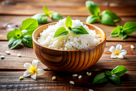 Cooked rice in a bowl on a wooden background. Selective focus. Created with Generative AIの写真素材