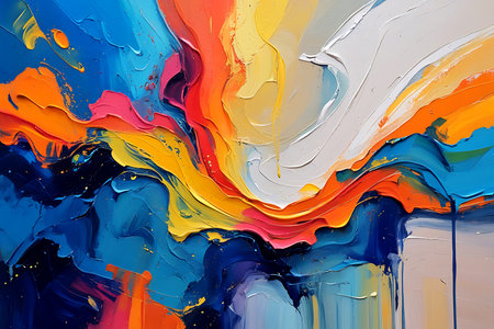 abstract oil painting background in blue, orange, yellow and brown colors.の写真素材