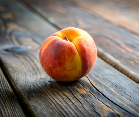 Peach on a wooden table. Healthy food concept. Selective focus. Created with AI Generativeの写真素材