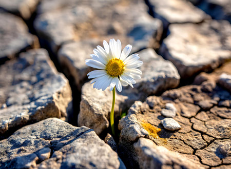 White daisy flower growing on cracked earth.の写真素材