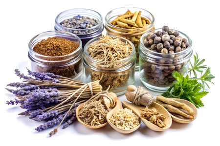 Spices and herbs in wooden spoons isolated on white background. Created with Generative AIの写真素材