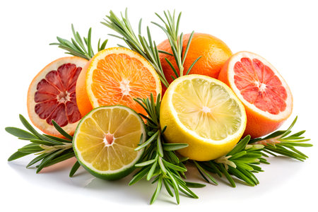 Citrus fruit on a white background. Lemons, grapefruits and rosemary. Created with Generative AIの写真素材