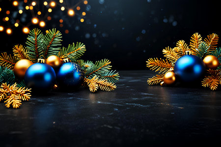 Christmas background with blue and golden baubles and fir branches on a black background. Created with Generative AIの写真素材