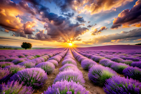 Beautiful sunset over lavender field in Provence, France. Generative AIの写真素材