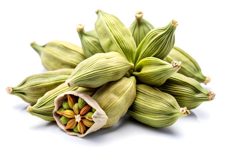 Green cardamom pods on white background. Close up. Isolated.の写真素材