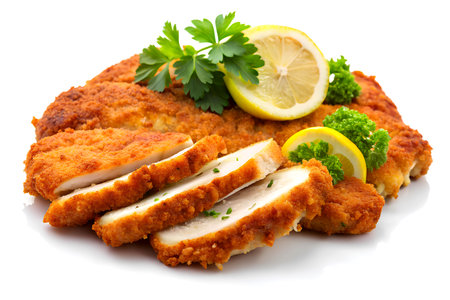 Breaded chicken breast with lemon and parsley on white background.の写真素材