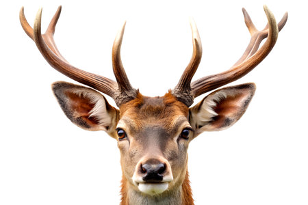 Portrait of a deer with antlers isolated on a white background. Created with Generative AIの写真素材