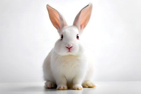 Cute white rabbit isolated on white background. Studio shot. Easter bunny.の写真素材