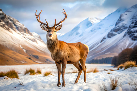 Majestic red deer stag in snowy landscape with mountains in background.の写真素材