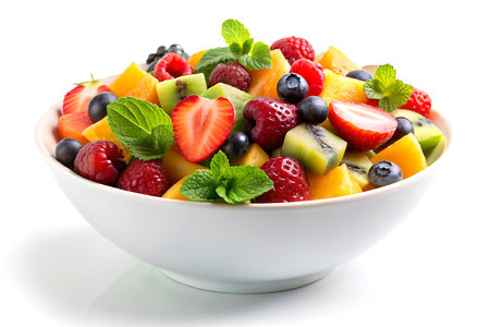 Mixed fruit salad in a white bowl isolated over white background. Created with Generative AIの写真素材
