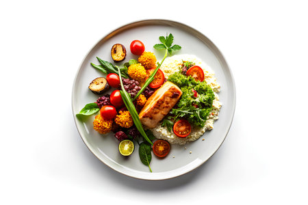 Grilled chicken fillet with rice and vegetables on white background.の写真素材