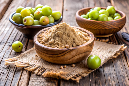 A bowl of brown powder and green amla.の写真素材