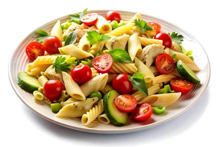 Pasta salad with chicken, avocado and cherry tomatoes on white background. Generative AIの写真素材