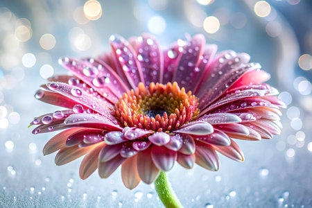 Pink gerbera flower with water drops on the petals.