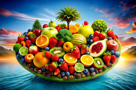 Fruits and vegetables in a bowl on the background of the sea. Generative AIの写真素材